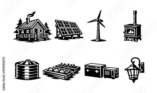 Rural household silhouette set featuring cabin, solar panels, wind turbine, and stove