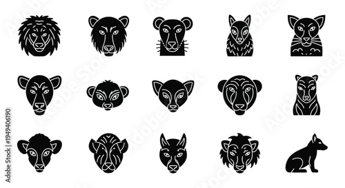 A collection of black animal head silhouettes depicting lions bears foxes and cats in a minimalist style silhouette high quality professional