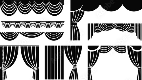 Stage and Window Drapery Curtain Design Set with Tiebacks and Pelmets, Elegant Textile Decoration Elements for Theater Stage, Interior Window Decor Vector Illustration