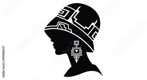 A striking black silhouette of a woman wearing a flapper hat and earrings embodying art deco elegance silhouette high quality professional