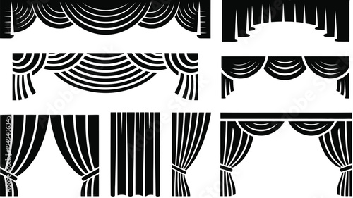 Drapery and Curtain Design Collection for Stage and Window Decoration, Elegant Curtains with Tiebacks and Pelmets, Classic Theater and Home Interior Textile Decor Vector Illustration