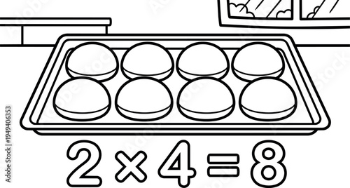 Black and white line art tray containing eight round bread rolls two times four equals eight multiplication concept simple style