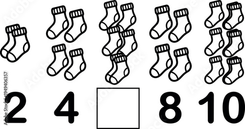 Minimalist black line art socks icons arranged in groups with numbers two four eight and ten showing counting concept