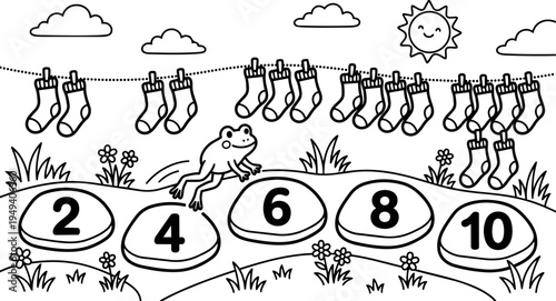 Black and white line art frog jumping on numbered stones from two to ten with hanging socks and smiling sun in garden scene