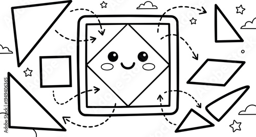 Cute smiling square character with cheeks surrounded by arrows and various geometric shapes line art style tutorial diagram