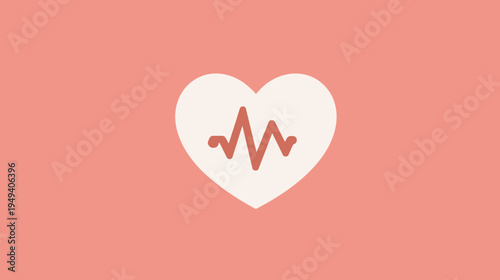 A simple, minimalist illustration of a heart with a heartbeat inside, on a coral background