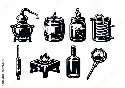 Set of vintage distillery equipment icons in black and white vector style