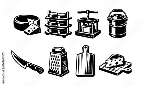 Vintage cheese making tools and equipment vector set in black and white silhouette style