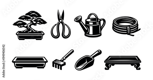 Vector silhouette bonsai tree set with gardening tools, watering can, and planter elements