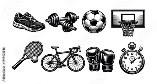 Black and white vector set of sports equipment illustrations including basketball and soccer items