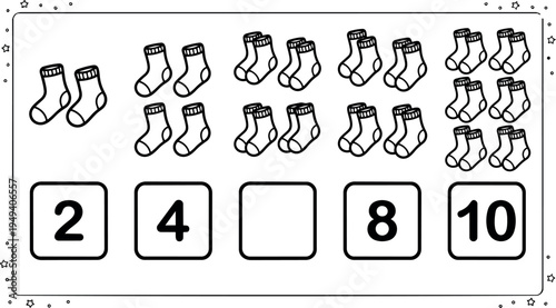 Black and white educational vector illustration counting socks in pairs with missing number eight teaching children numbers and math skills