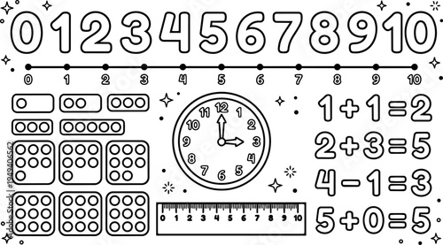 Black and white educational vector art featuring number line dice clock ruler and simple math equations for learning