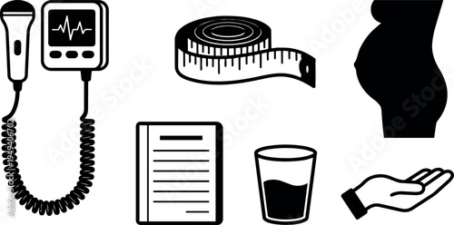 Black silhouette icons of ultrasound device tape measure pregnant belly medical chart open palm and urine sample glass