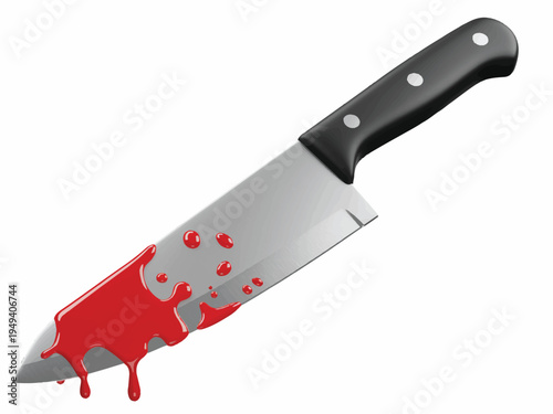 Bloody kitchen knife with black handle and silver blade and rivets isolated on transparent background