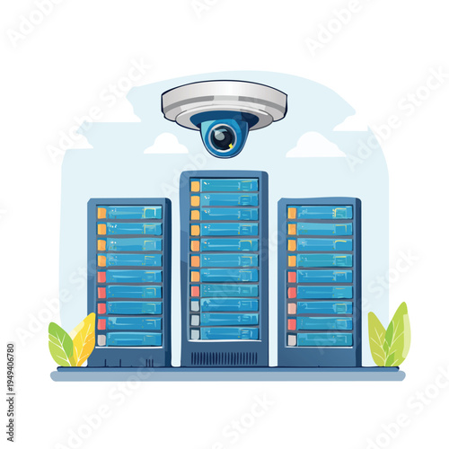 Data server units with security camera overhead isolated on white background