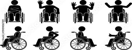 Wheelchair user silhouette set, disabled person mobility icons collection, accessibility and disability support concept isolated flat vector illustration