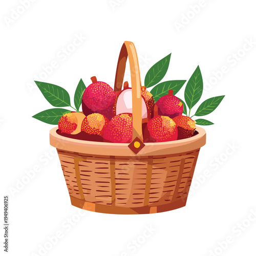 Basket of freshly harvested lychee fruits isolated on white background