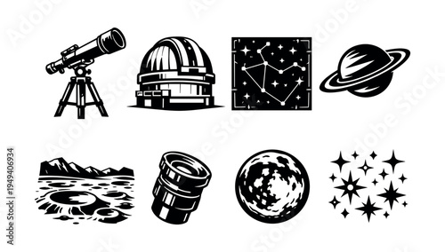 Astronomy vector set with telescope, observatory, space elements in black and white silhouette
