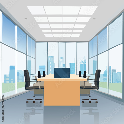 Modern boardroom with large windows and city view for business meetings