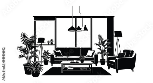 A minimalist living room interior design with furniture plants and lighting presented in black and white silhouette high quality professional detailed