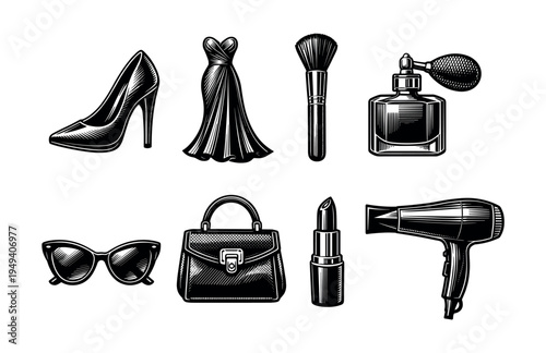 Elegant fashion accessories and beauty tools illustration set, black and white vector clipart
