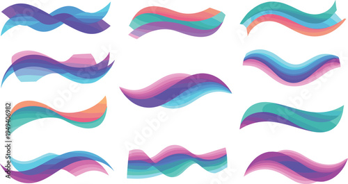 Set of colorful abstract wave shapes, flowing liquid gradient design elements, creative vibrant curved lines isolated on white background