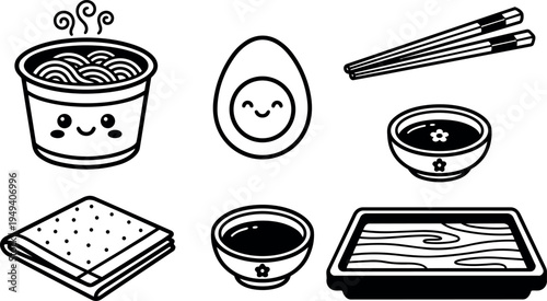 Cute smiling ramen bowl with chopsticks dipping sauce and wooden tray flat design vector icons set