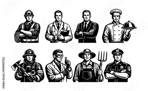 Black and white vector silhouette of diverse professions set in illustrative style