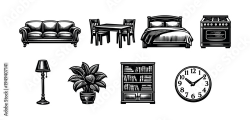 Vintage black and white vector illustrations of home furniture and appliances