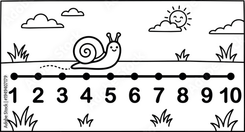 Black and white vector art of smiling snail crawling along number line from one to ten in simple outdoor scene with sun clouds and grass