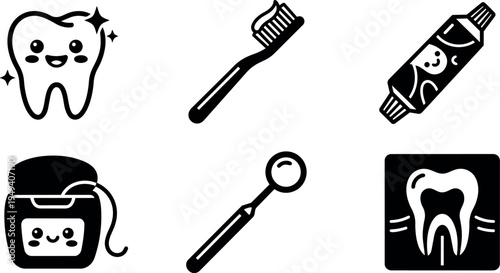 Cute smiling tooth with sparkle next to dental brush toothpaste dental floss and dental mirror icons in black and white vector style