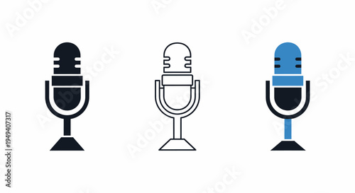 Retro Microphone Icon Set Solid Outline Blue Vector Illustration Isolated White Background