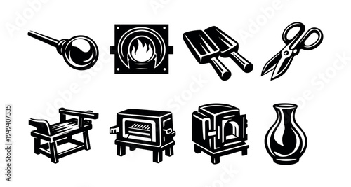 Black and white vector set of glassblowing tools and equipment illustrations, silhouette style