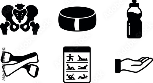 Black flat design fitness icons including pelvic bones yoga mat water bottle stretching straps workout chart and hand palm silhouette