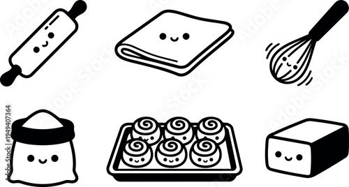 Cute kawaii baking tools set rolling pin towel whisk flour sack tray with buns and dough cube vector icons