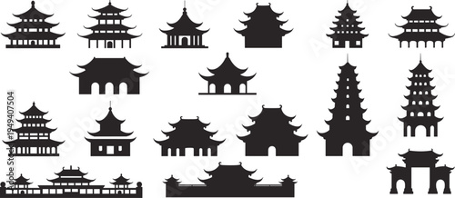 Asian temple and pagoda silhouette set, traditional Chinese Japanese architecture collection, oriental landmark buildings isolated flat vector illustration