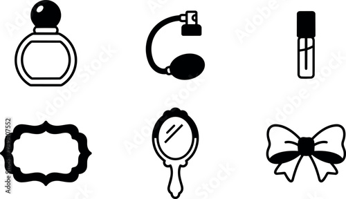 Simple black and white vector icons set featuring perfume bottle mirror label bow and spray applicator illustrations