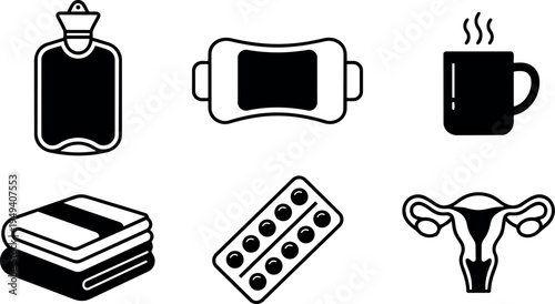 Black and white vector icons of hot water bottle heating pad steaming cup folded towels pills blister pack and female reproductive system illustration