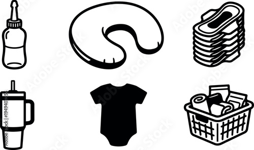Black and white icon set of baby bottle travel pillow disposable diapers sippy cup onesie and laundry basket in vector style