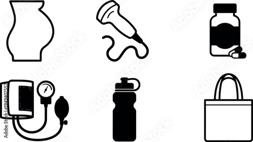 Black and white minimalist vector icons set including medical microphone blood pressure bottle water bottle and shopping bag