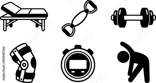 Black and white vector icons showing fitness bench massage table dumbbell stopwatch stretching exercise knee brace and resistance band equipment