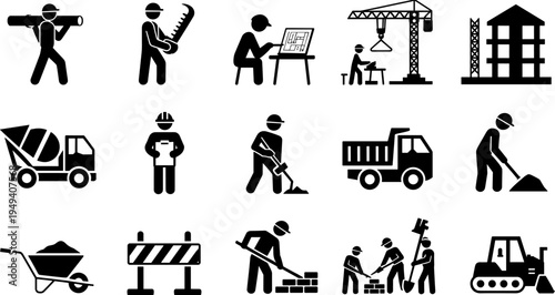 Construction worker and building equipment icon set, engineering tools machinery and labor symbols isolated flat vector illustration
