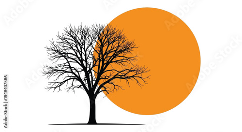 A striking image featuring a bare tree against a vibrant orange circle creating a minimalist landscape silhouette high quality professional detailed