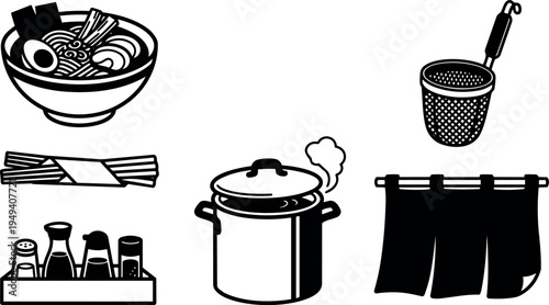 Black and white vector icons set including steaming pot noodle bowl seasoning container basket and curtain kitchen utensils