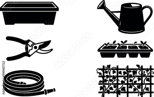 Black silhouette garden tools watering can pruning shears plant tray hose and climbing plant trellis vector icons set