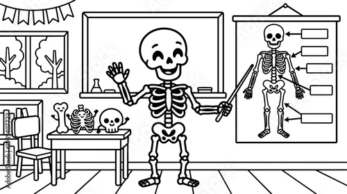 Smiling skeleton teacher holding pointer in classroom with anatomical chart and labeled bones surrounding educational desk