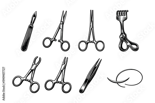 Black and white vector of surgical instruments set with scissors and scalpel