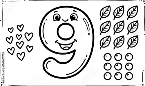 Friendly cartoon number nine with smiling face surrounded by hearts leaves and berries simple black line art