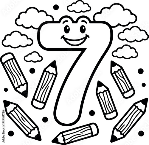 Smiling number seven surrounded by flying pencils and clouds in playful black and white line art style