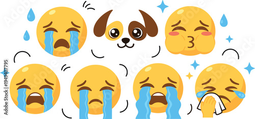 Set of crying emoji faces and cute dog character, collection of sad yellow emoticons with tears and different expressions, vector illustration isolated on white background